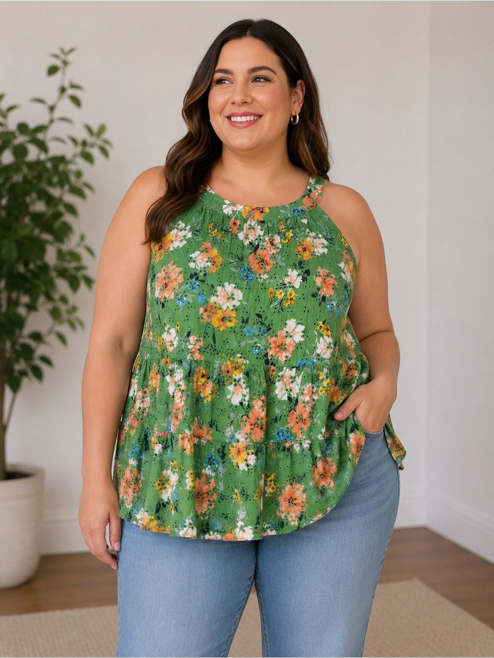 Torrid Floral Eyelet Tiered Babydoll Halter Sleeveless Tank Size 1/1X Vibrant